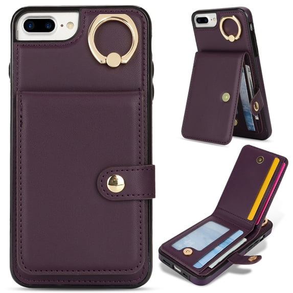 Allytechgroup iPhone 8 Plus/ 7 Plus Wallet Case, Ring Holder Stand Cards Slots Shockproof Retro Flip Back Cover Phone Case for Apple iPhone 8 Plus/ 7 Plus, Purple