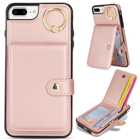 Allytechgroup iPhone 8 Plus/ 7 Plus Wallet Case, Ring Holder Stand Cards Slots Shockproof Retro Flip Back Cover Phone Case for Apple iPhone 8 Plus/ 7 Plus, Rosegold