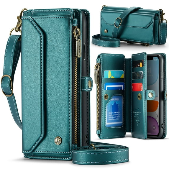 Allytechgroup iPhone 8 Plus/ 7 Plus Wallet Case with Shoulder Strap, Strap Wrist, Zipper Pocket, Cards Slots, RFID Blocking Shockproof Bumper Mini Carring Bag Phone Case for Women Girl, Green