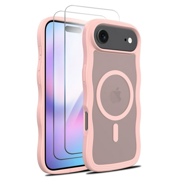 Allytechgroup iPhone Air Case with 2 Pcs Screen Protector, Compatible with Magsafe Stylish Wave Frame Design Matte Back Cover Anti-Scratch Translucent Phone Case for Women Men, Pink