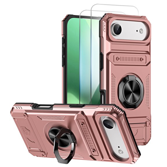 Allytechgroup for iPhone Air Case with 2 Pcs Screen Protector, Rugged Magnetic Back Cover Compatible with Car Mount Ring Holder Kickstand Card Slot Hard Shell Case for Women Men, Rosegold