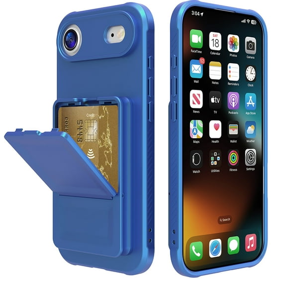 Allytechgroup iPhone Air Case with Card Slots & Makeup Mirror, Rugged Shockproof Kickstand Bumper Protective Hard PC Cover Phone Case for Apple iPhone Air, Blue