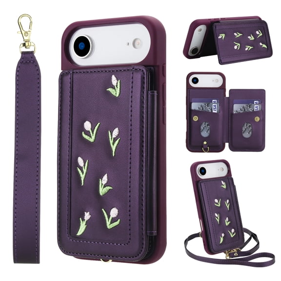 Allytechgroup for iPhone Air PU Leather Back Cover with Card Slot, with Wrist Strap Kickstand & Shoulder Strap Shock-Absorbent Lightweight Non-Slip Protective Bumper for Women Girls, Purple