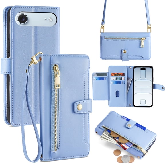 Allytechgroup for iPhone Air Wallet Case, Large Space Cards Slots Zipper Pocket Shoulder Strap Kickstand Shockproof Wallet Phone Case Full Body Cover Bumper for iPhone Air, Blue
