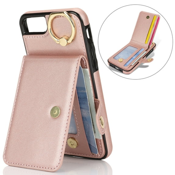 Allytechgroup iPhone SE 2022/2020/ iPhone 8 7 Wallet Case, Ring Holder Stand Cards Slots Shockproof Retro Flip Back Cover Phone Case for Apple iPhone SE 3rd 2nd Gen/ iPhone 8 7, Rosegold