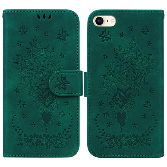 Allytechgroup iPhone SE 2022 Case, iPhone SE 2020 Case, iPhone 7 8 Case, Flip Flower Embossed Hand Wrist Stand Protective Cards Holder Wallet Case Cover for Apple iPhone 7 8 SE 3rd 2nd Gen, Green