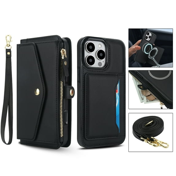 Allytechgroup for iPhone XR Case with Detachable Cards Holder, Built-in Shoulder Strap Wrist Strap Compatible with MagSafe Shockproof Magnetic Full Body Cover for iPhone XR, Black