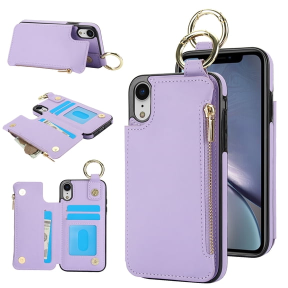 Allytechgroup iPhone XR Wallet Case, RFID Blocking Zipper Pocket Ring Holder Kickstand Bumper Shockproof Portable Durable Phone Case for Apple iPhone XR, Violet