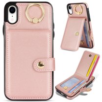 Allytechgroup iPhone XR Wallet Case, Ring Holder Stand Cards Slots Shockproof Retro Flip Back Cover Phone Case for Apple iPhone XR, Rosegold