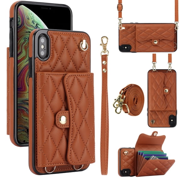 Allytechgroup for iPhone XS Max Wallet Case with 5 Cards Holders, Detachable Hand Strap & Shoulder Lanyard RFID Blocking Shockproof Protective Phone Case for Girls Women, Brown