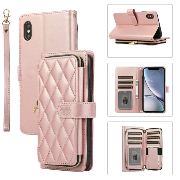 Allytechgroup for iPhone XS Max Wallet Case, Premium PU Leather Magnetic Buckle Zipper Pocket Card Slots Flip Stand Protective Cover with Hand Strap & Shoulder Strap - Rosegold