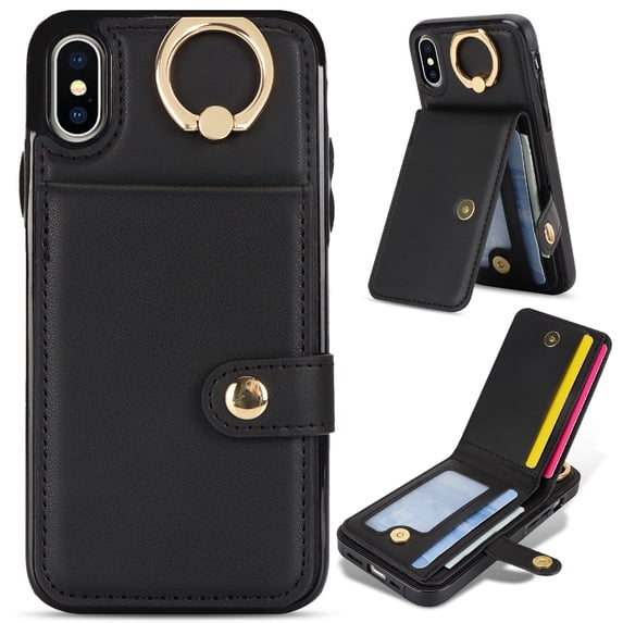 Allytechgroup iPhone XS Max Wallet Case, Ring Holder Stand Cards Slots Shockproof Retro Flip Back Cover Phone Case for Apple iPhone XS Max, Black