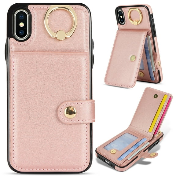 Allytechgroup iPhone XS Max Wallet Case, Ring Holder Stand Cards Slots Shockproof Retro Flip Back Cover Phone Case for Apple iPhone XS Max, Rosegold