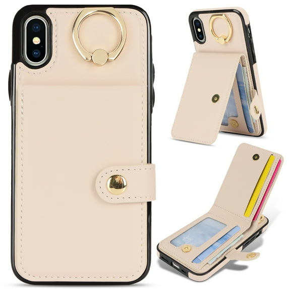 Allytechgroup iPhone XS Max Wallet Case, Ring Holder Stand Cards Slots Shockproof Retro Flip Back Cover Phone Case for Apple iPhone XS Max, White