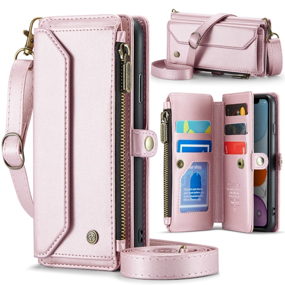 Allytechgroup iPhone XS Max Wallet Case with Shoulder Strap, Strap Wrist, Zipper Pocket, Cards Slots, RFID Blocking Shockproof Bumper Mini Carring Bag Phone Case for Apple iPhone XS Max,Pink