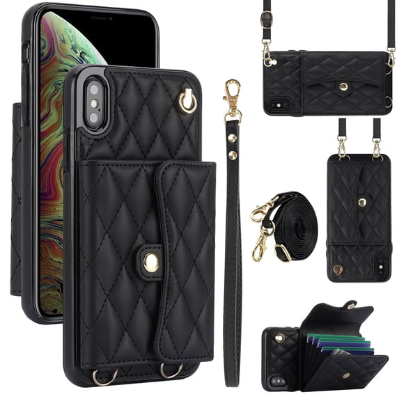 Allytechgroup for iPhone XS/X Wallet Case with 5 Cards Holders, Detachable Hand Strap & Shoulder Lanyard RFID Blocking Shockproof Protective Phone Case for Girls Women, Black