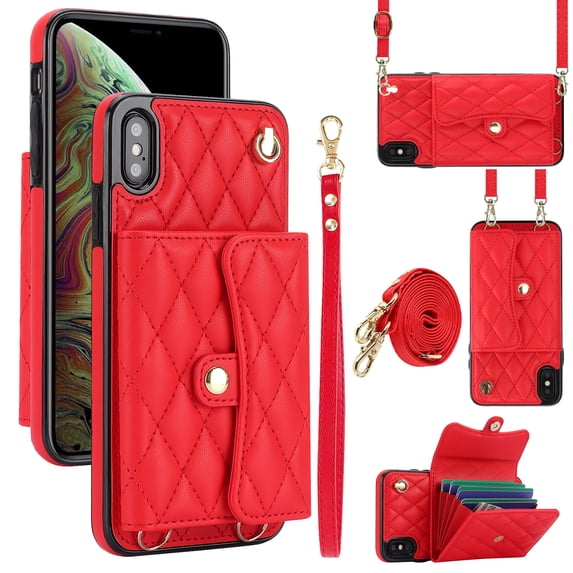 Allytechgroup for iPhone XS/X Wallet Case with 5 Cards Holders, Detachable Hand Strap & Shoulder Lanyard RFID Blocking Shockproof Protective Phone Case for Girls Women, Red