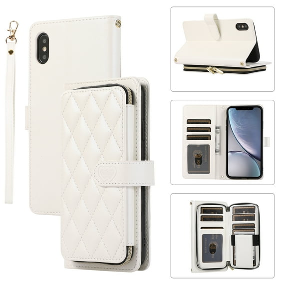 Allytechgroup for iPhone XS/X Wallet Case, Premium PU Leather Magnetic Buckle Zipper Pocket Card Slots Flip Stand Protective Cover with Hand Strap & Shoulder Strap - White