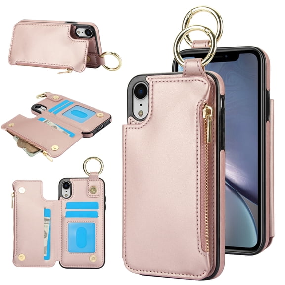 Allytechgroup iPhone XS/X Wallet Case, RFID Blocking Zipper Pocket Ring Holder Kickstand Bumper Shockproof Portable Durable Phone Case for Apple iPhone XS/X, Rosegold