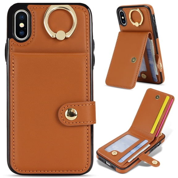 Allytechgroup iPhone XS / iPhone X Wallet Case, Ring Holder Stand Cards Slots Shockproof Retro Flip Back Cover Phone Case for Apple iPhone XS / iPhone X, Brown