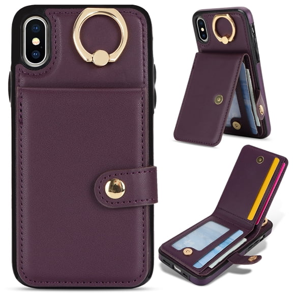 Allytechgroup iPhone XS / iPhone X Wallet Case, Ring Holder Stand Cards Slots Shockproof Retro Flip Back Cover Phone Case for Apple iPhone XS / iPhone X, Purple
