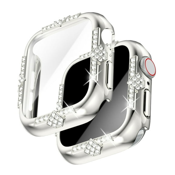 Allytechgroup for iWatch Series 10 42mm Case with Tempered Glass Screen Protector, Support Wireless Charging Crystal Diamond Rhinestone Sparkling Full Protective Cover for Women Girls, Silver