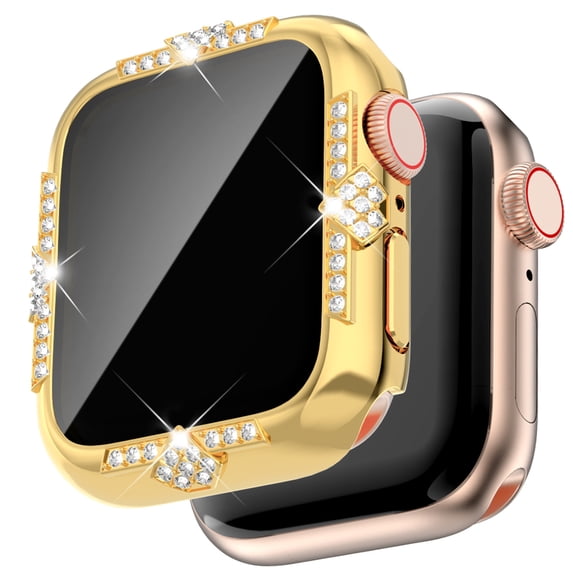 Allytechgroup for iWatch Series 10 46mm Case with Tempered Glass Screen Protector, Support Wireless Charging Crystal Diamond Rhinestone Sparkling Full Protective Cover for Women Girls, Gold