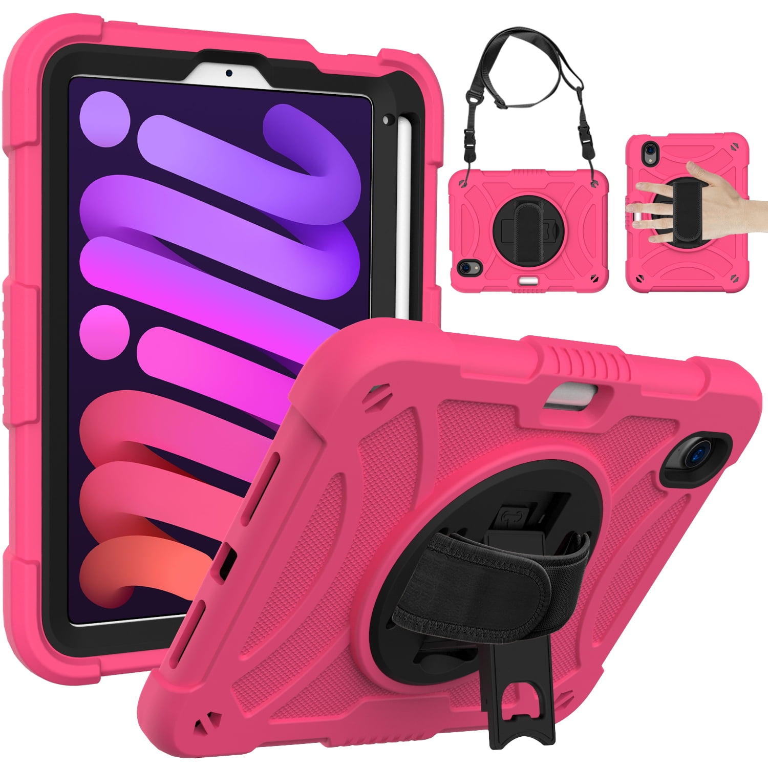Allytechgroup kids Case for Apple iPad Mini 7 A17 Pro Case iPad Mini 7th/6th Generation Case 2024/2021, Military Grade Drop Protection with Hand/Shoulder Strap Rotating Stand Pencil Holder, Rose