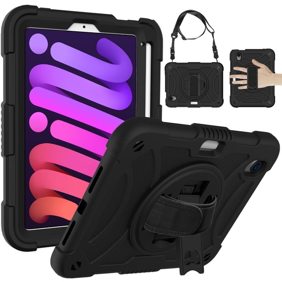 Allytechgroup kids Case for Apple iPad Mini 7 A17 Pro Case iPad Mini 7th/6th Generation Case 2024/2021, Military Grade Drop Protection with Hand/Shoulder Strap Rotating Stand Pencil Holder, Black
