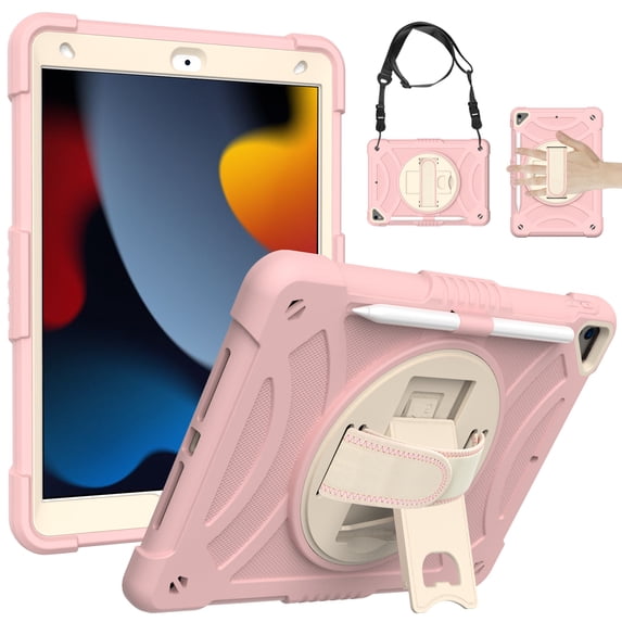 Allytechgroup kids Case for iPad 9th/ 8th/ 7th Generation 10.2 inch (Case for iPad 9/8/7 Gen), Military Grade Drop Protection with Hand/Shoulder Strap Rotating Stand Pencil Holder, Rosegold