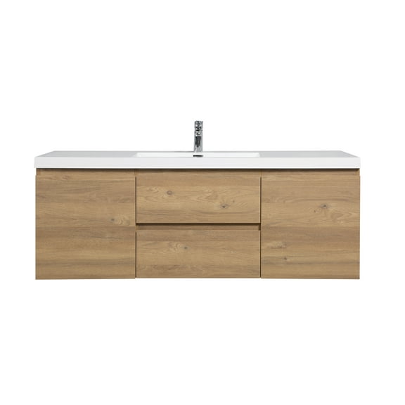 Alma 48 Inch Natural Oak Wall Mount Vanity With A integrated Sink