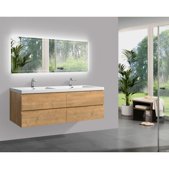 Alma 84 Inch Natural Oak Wall Mount Vanity With A integrated Sink