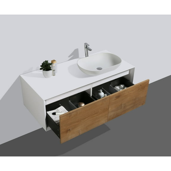Alma Fiona 55 Natural Wood Finish Wall Mount Vanity With Two Vessel Sinks