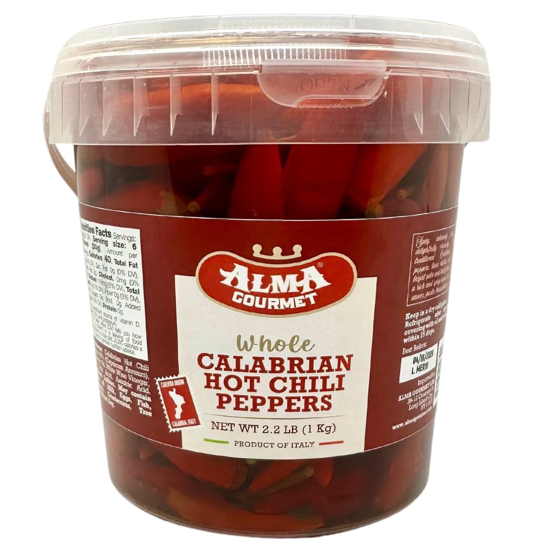 Alma Gourmet Whole Calabrian Chili Peppers in Oil, 2.2 lb (1 kg) Food Service Bucket, Hot Italian Peppers, Imported from Italy, No Major Allergens