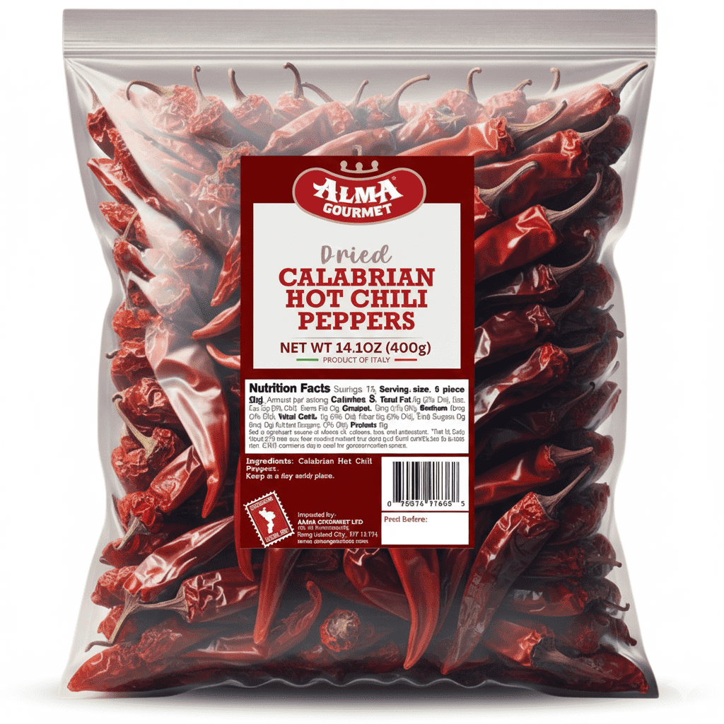 Alma Gourmet Whole Dried Calabrian Chili Peppers, Authentic Italian Peperoncino Secco Calabrese, Imported from Italy, 14.1 oz (400g)
