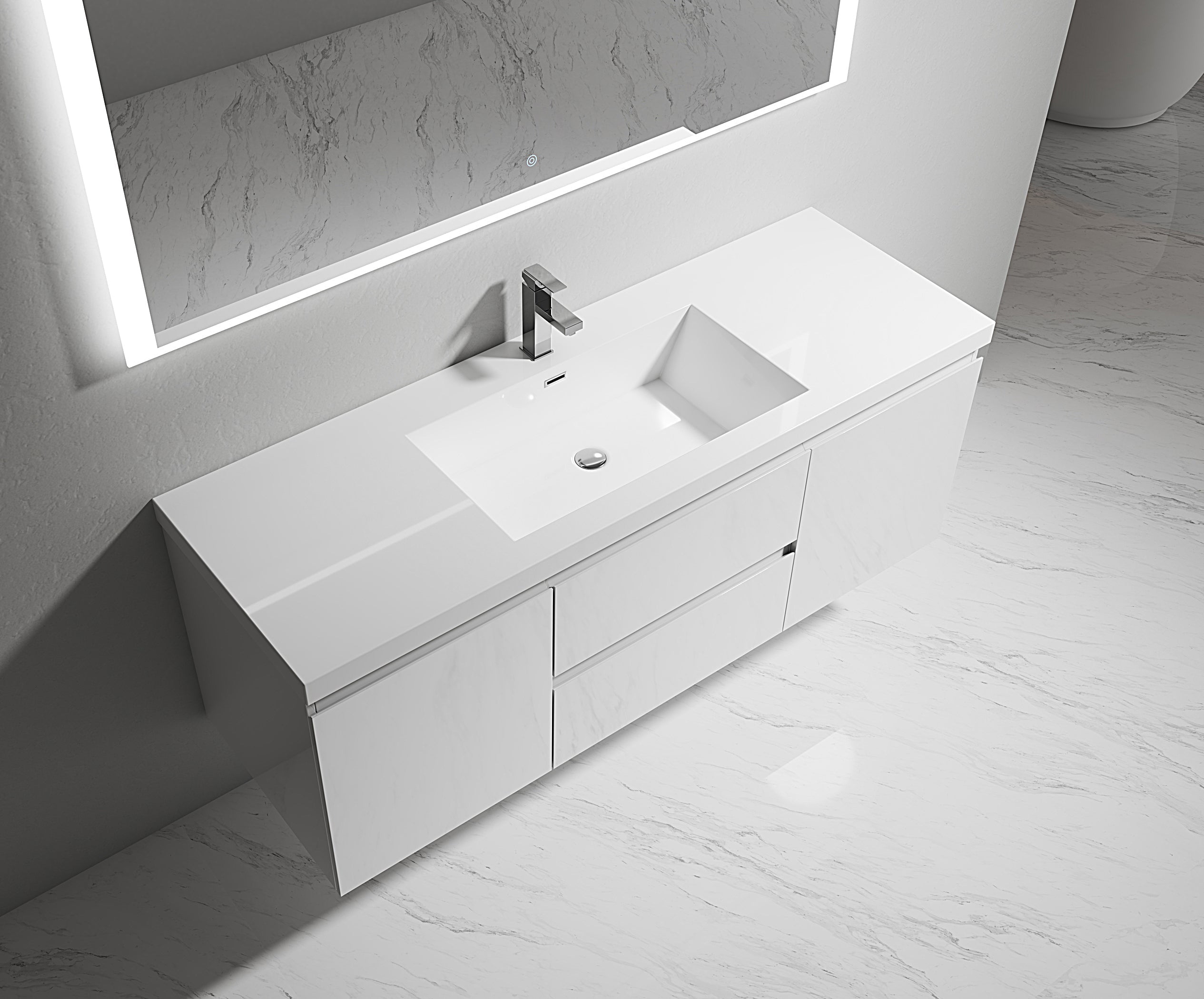 Gloss White 60-Inch Wall-Mount Vanity with Acrylic Sink