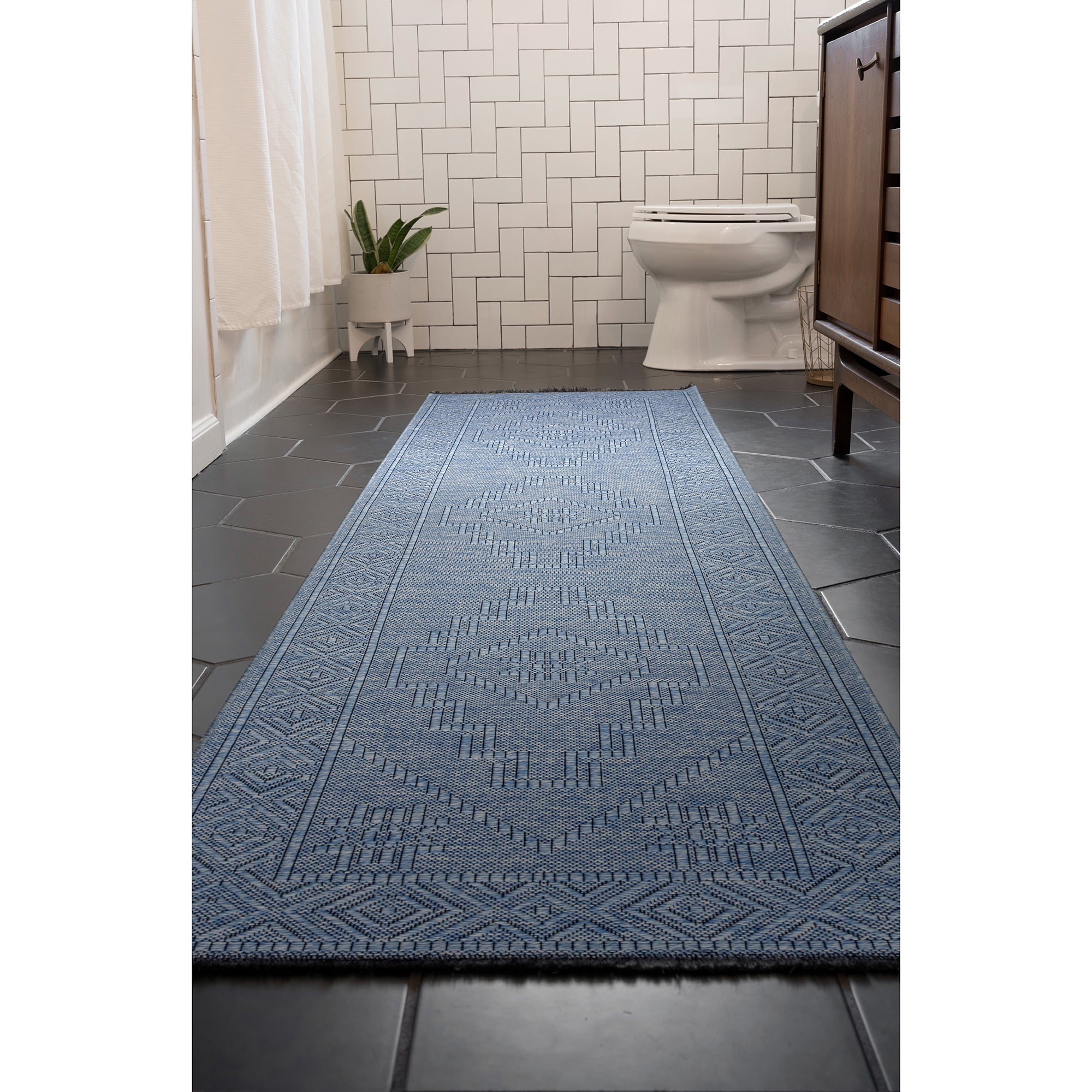 Alma Transitional 2' x 7.7' Blue and Azure Blue, Machine Washable Polyester & Cotton Indoor Area Rug