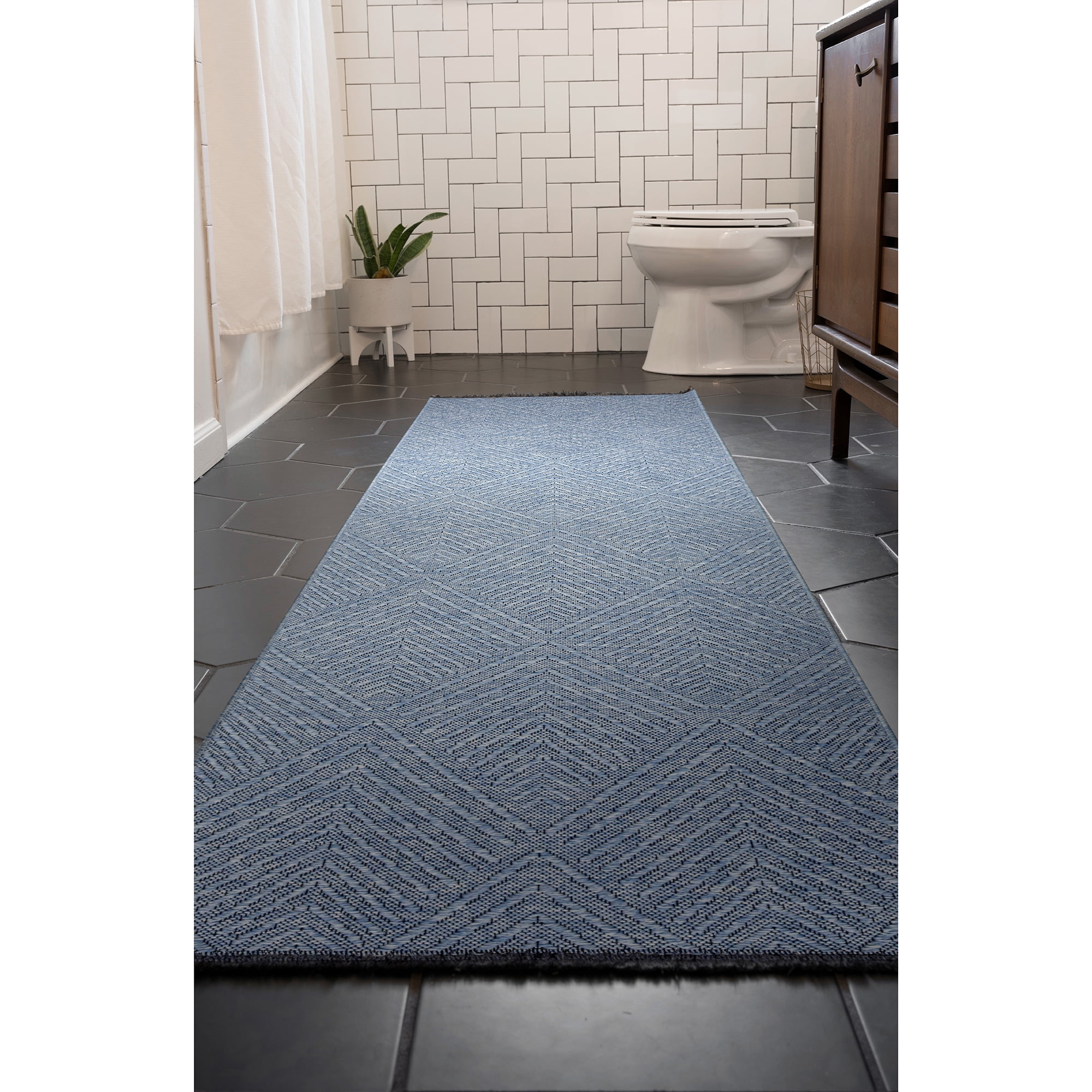 Alma Transitional 2' x 7.7' Blue and Azure Blue, Machine Washable Polyester & Cotton Indoor Area Rug