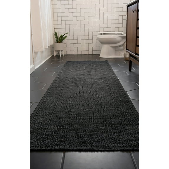 Alma Transitional 2' x 7.7' Dark Gray and Ash, Machine Washable Polyester & Cotton Indoor Area Rug