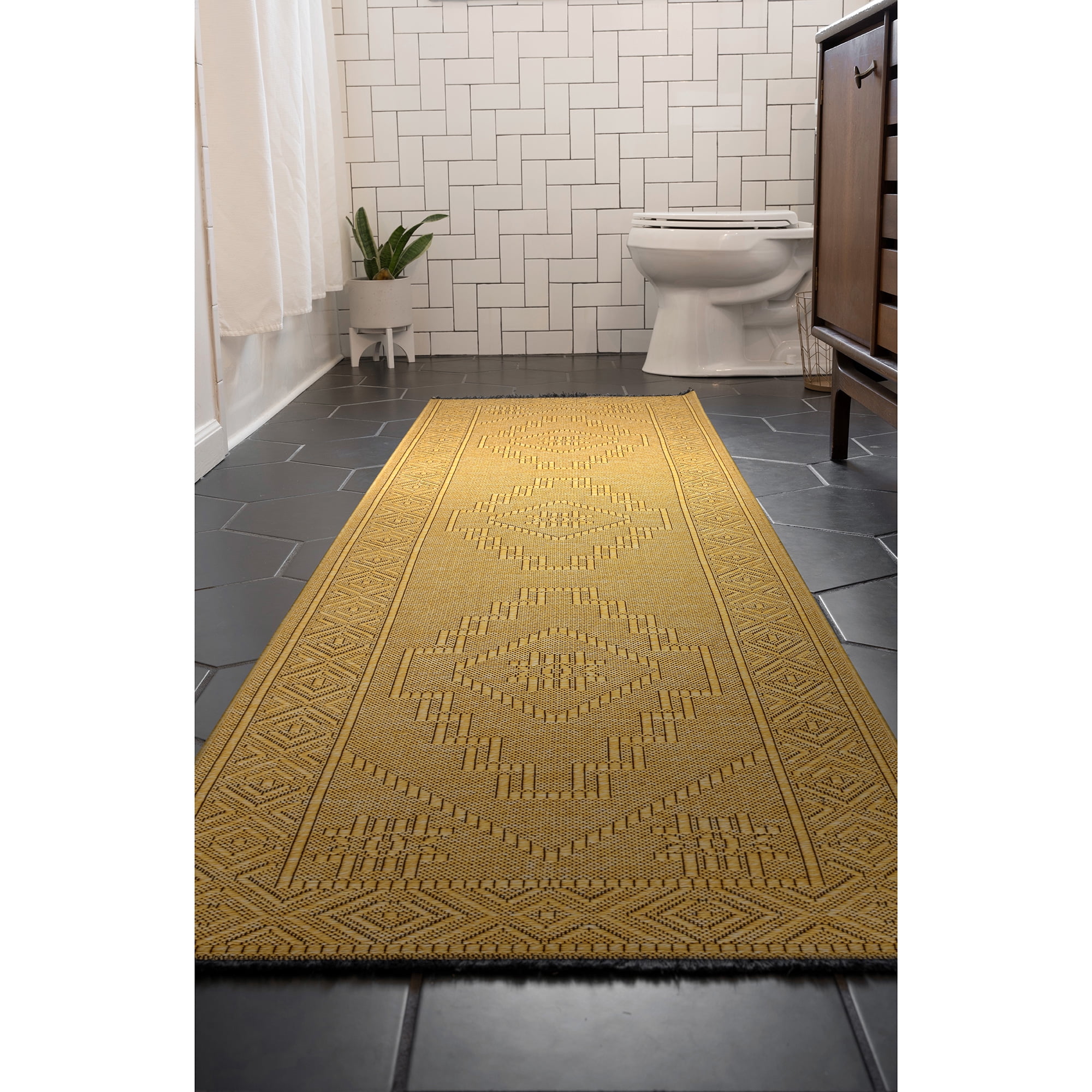 Alma Transitional 2' x 7.7' Gold, Machine Washable Polyester & Cotton Indoor Area Rug