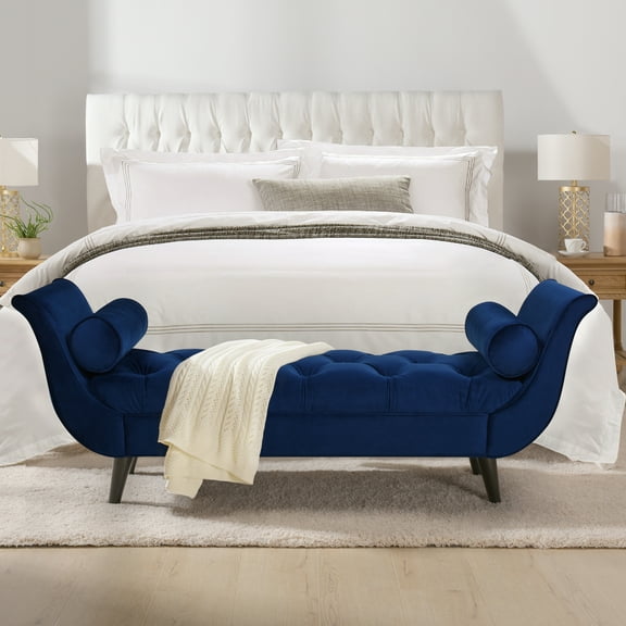 Alma Tufted Flared Arm Entryway Bench, Navy Blue Velvet