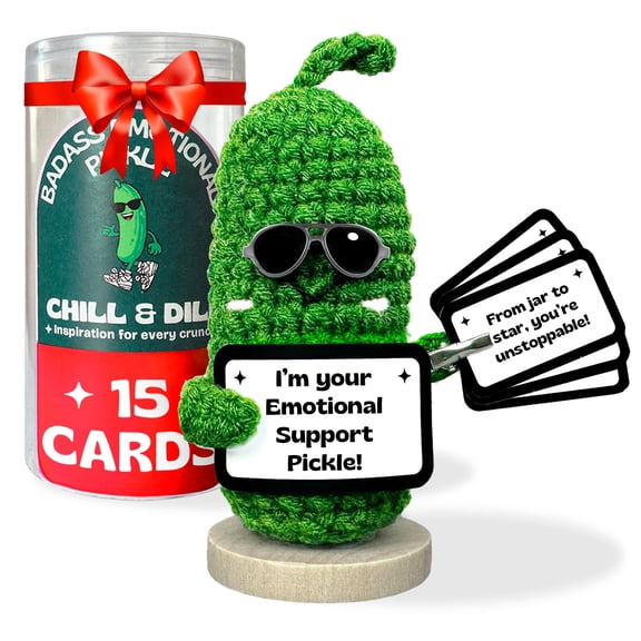 Almacura Premium Emotional Support Pickle Gifts - Positive Crochet Animals with Swappable Motivational Cards and QR Code for Custom Messages Funny Giftable for Pickle Lovers, Friends, Coworkers