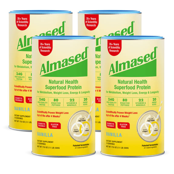 Almased Vanilla Meal Replacement Shake - 4 Pack Low-Glycemic High Plant Base Protein Powder- Nutritional Weight Health Support Supplement - Vanilla Flavor - 17.6 oz (4.4 Pound)