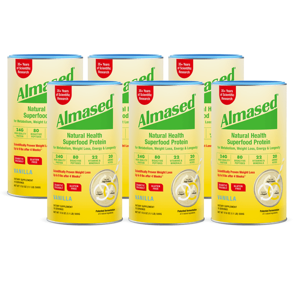Almased Vanilla Meal Replacement Shake - 6 Pack Low-Glycemic High Plant Base Protein Powder- Nutritional Weight Health Support Supplement - Vanilla Flavor - 17.6 oz (6.6 Pound)