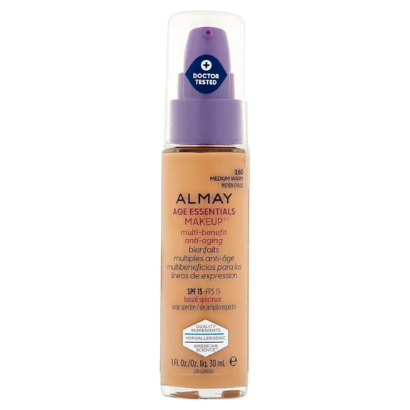 Almay Age Essentials Makeup Foundation, 160 Medium Warm, with Broad Spectrum SPF 15, 1 Fl Oz