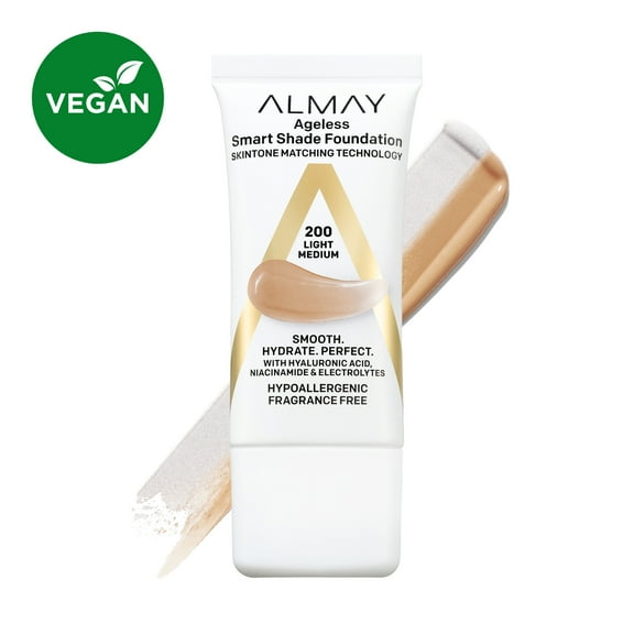 Almay Ageless Smart Shade Liquid Foundation Makeup, Hypoallergenic, 200 Light Medium, 1 fl oz