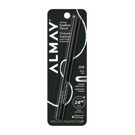 Almay All-Day Eyeliner Pencil, Precision Tip Eye Makeup, Hypoallergenic, Built-In Sharpener, 205 Black, 0.01 oz