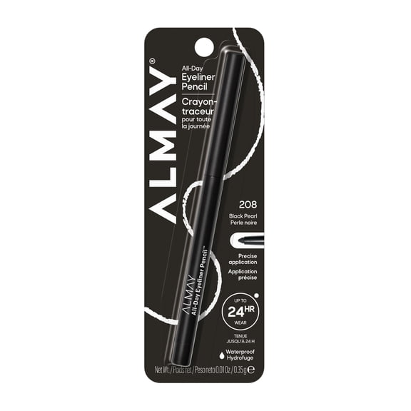 Almay All-Day Eyeliner Pencil, Precision Tip Eye Makeup, Hypoallergenic, Built-In Sharpener, 208 Black Pearl, 0.01 oz