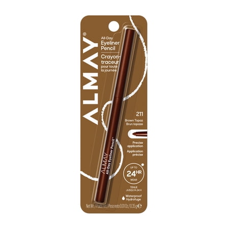 Almay All-Day Eyeliner Pencil, Precision Tip Eye Makeup, Hypoallergenic, Built-In Sharpener, 211 Brown Topaz, 0.01 oz