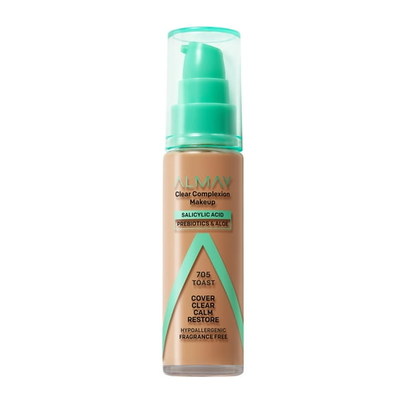 Almay Clear Complexion Foundation Makeup, Hypoallergenic, 705 Toast, 1 fl oz